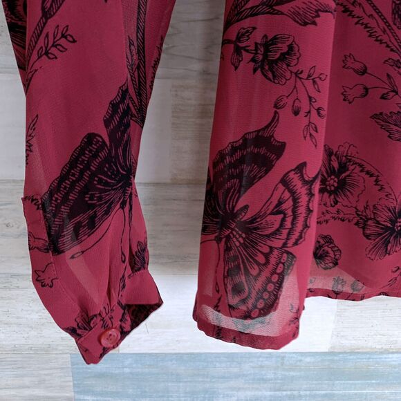 LOFT Floral Butterfly Peasant Blouse Pink Sheer Tie Neck Keyhole Womens Medium - Picture 6 of 10